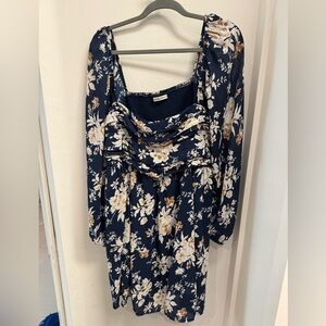 Emerson Dress with navy blue, white and tan/caramel floral print, XXLT